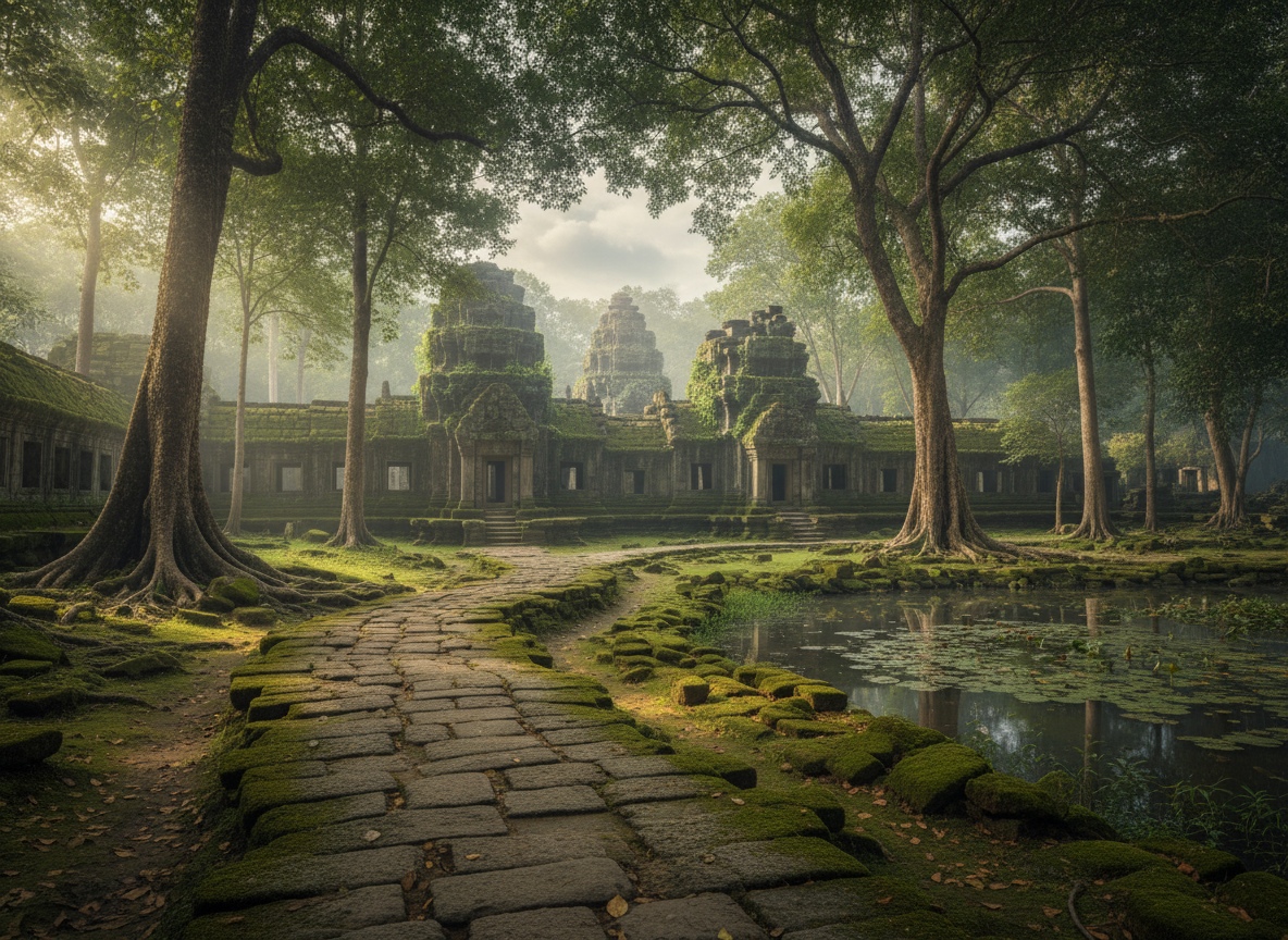 Serene landscape image of ancient temple grounds with moss-covered stone path and forest